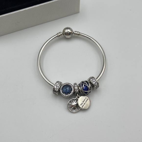 Pandora silver bracelet with 5 Dazzling Wishes Blue Charm Retired Authentic - Picture 7 of 8
